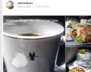 Pictures of American Airlines domestic first Class at our Google+ community.